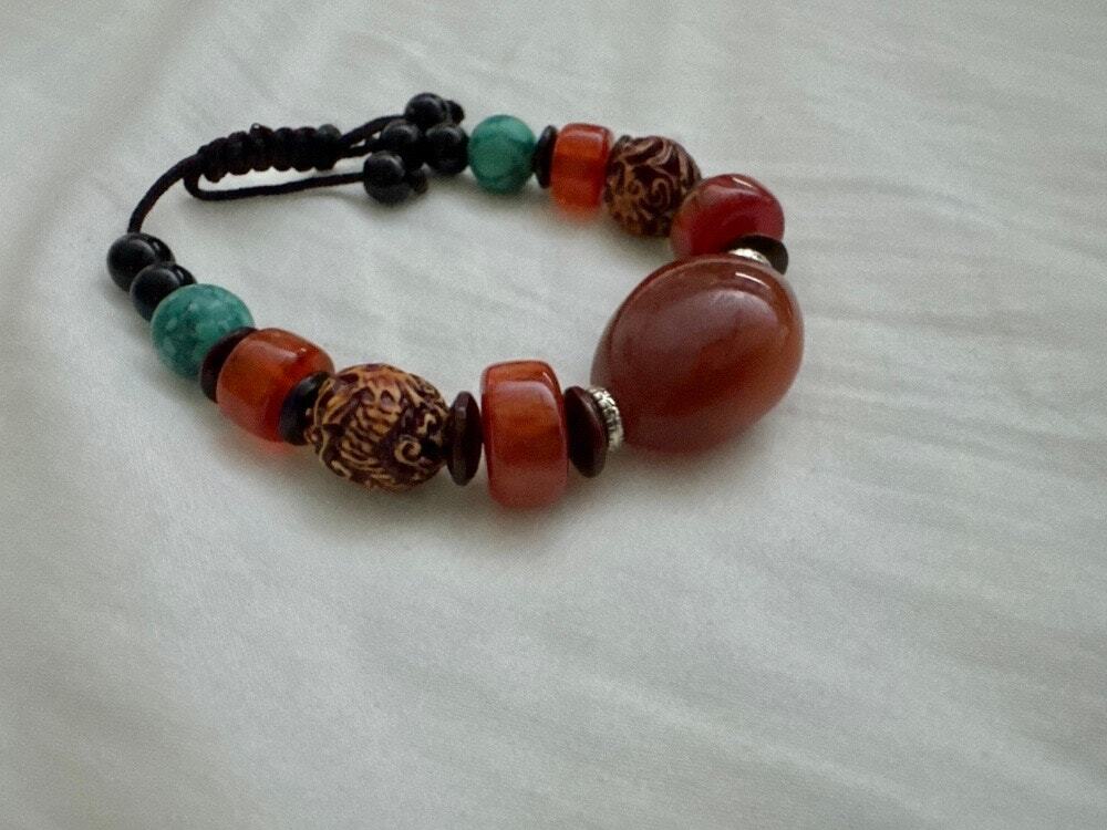 Tibetan Style Beaded Drawstring Bracelet – Faux Amber, Turquoise & Carved Beads